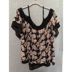 Rue21 Black Floral Lace Trim‎ Blouse Sheer Romantic Flowy Top Large Whimsigoth